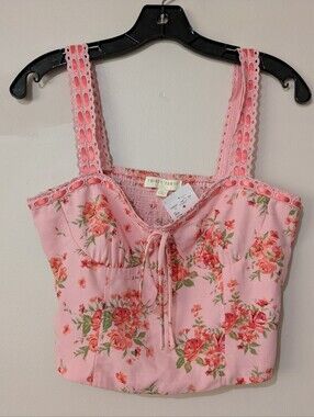 Thirty Thirty LA Crop Top Bustier Lace Up details flirty Y2K Pink Floral New!